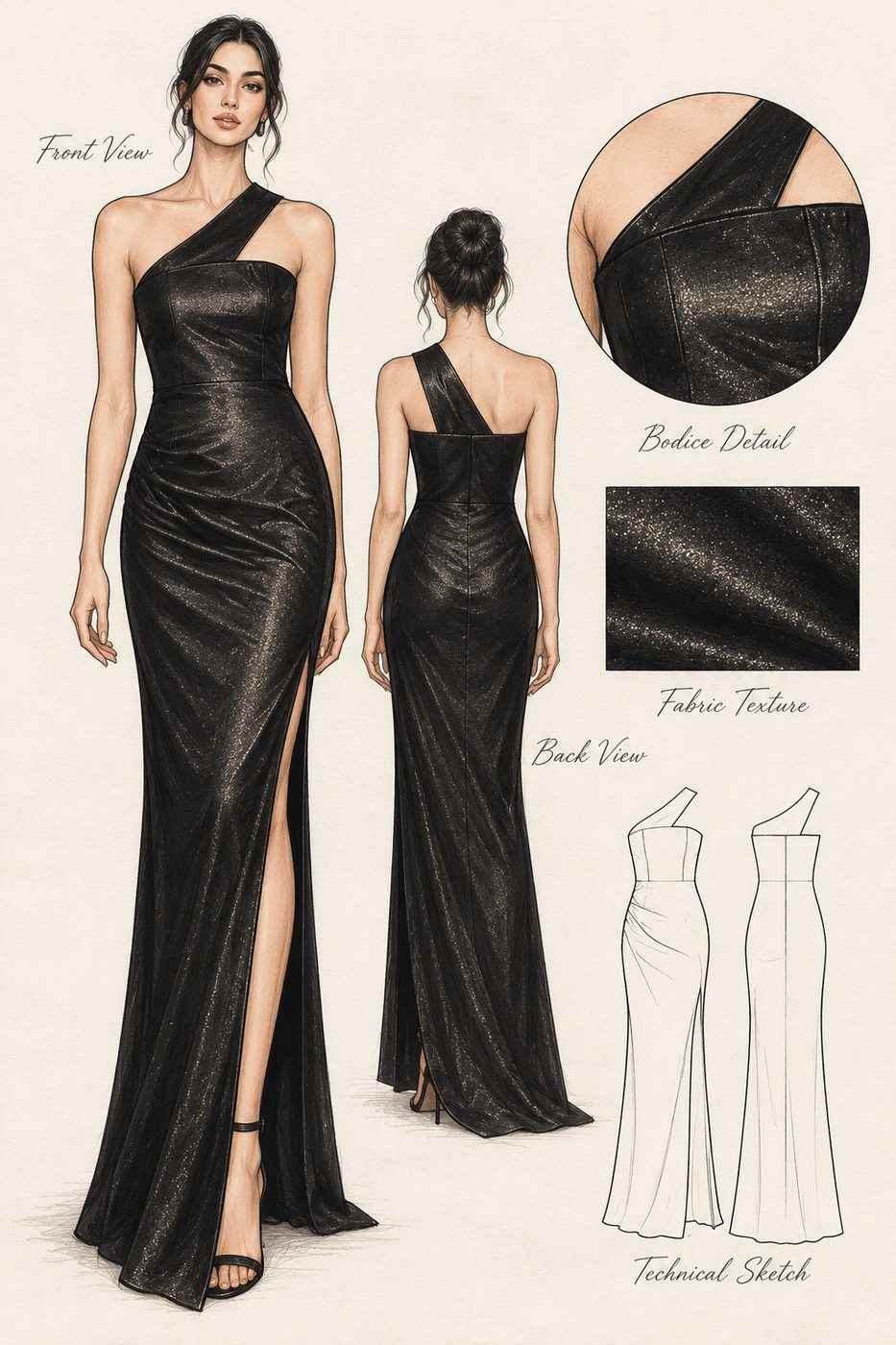 Lipika Chadda sketch for a one-shoulder black evening gown with a thigh-high slit
