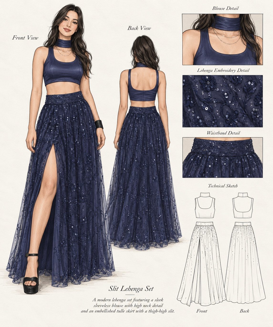 Lipika Chadda sketch for a navy embellished bridal lehenga set with a thigh-high slit